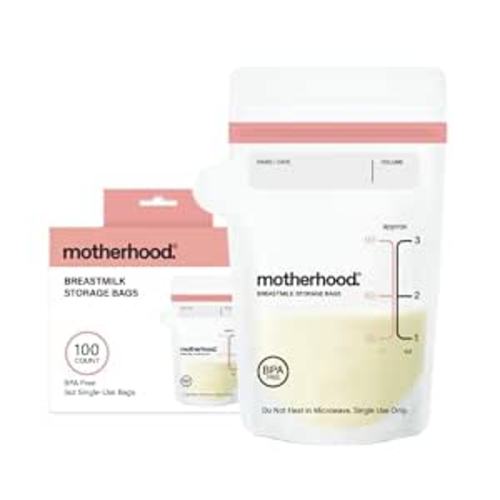 Motherhood Maternity Breastmilk Storage Bags, 3 oz, 100 Count – Leak Proof Breast Milk Freezer Storage Bags, Pre-Sterilized & BPA Free, Self-Standing & Flat Lay