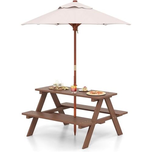 HONEY JOY Kids Picnic Table, Toddler Outdoor Table & Bench Set, Wooden Children Patio Furniture with Folding Umbrella, Kids Picnic Tables for Outdoors, Gift for Boys Girls