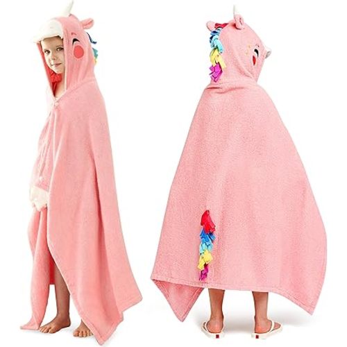 Joiedomi Unicorn Hooded Towel for Kids Soft 100% Cotton Bath Beach Towel 30" x 50" for Kids 3-10 Years Toddler Pool Poncho with Hood Absorbent Swim Wrap for Boys Girls
