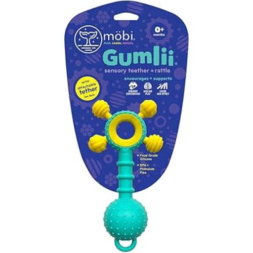 Mobi Gumlii Sensory Teether Toy - Rattle Baby Teething Toy, Food Grade Silicone Newborn Baby Sensory Teether, BPA and Phthalate Free - for 0-6 Months Newborns
