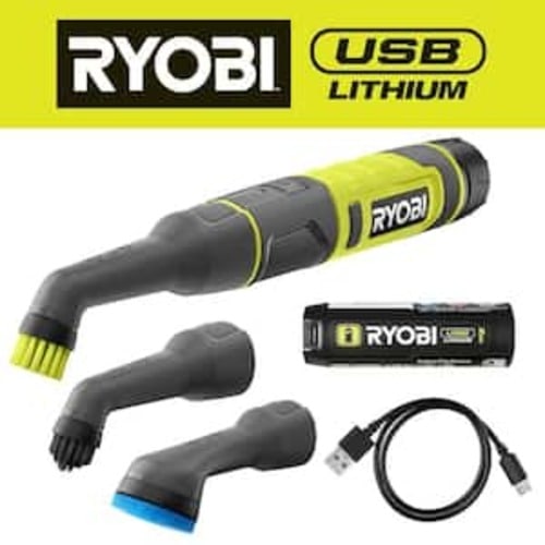 USB Lithium Cordless Compact Detail Scrubber Kit w/ 2Ah Battery, Charging Cable & (3) Head Attachments-Med, Hard & Scour