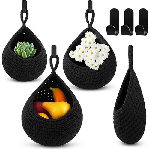 Honeydak Hanging Wall Basket Teardrop Hanging Baskets Onion Basket Coat Bohemian Storage Fruit Wall Hooks for Kitchen Wall Home Restaurant Storage Vegetable, 3 Sizes(Black)