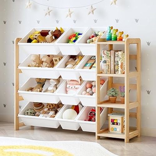 MallBest Toy Storage Organizer with Bookshelf, Kids Wooden Shelf with 12 Removable Bins for Books, Toys, Playroom, Nursery, Bedroom, Natural, Medium