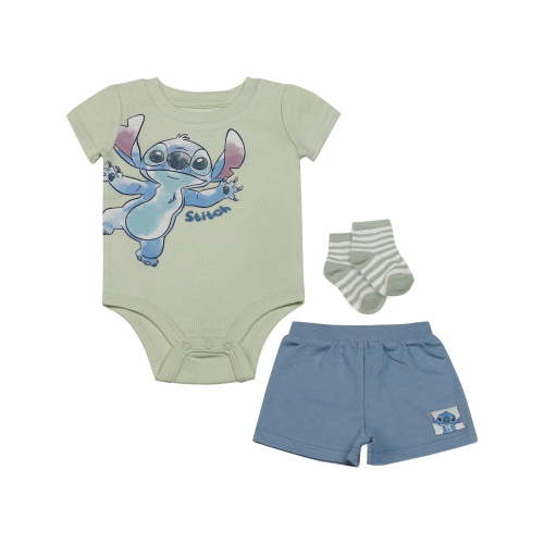 Disney Clothes Baby Boys 3-Piece Outfit Set – Stitch Bodysuit, Shorts & Socks – Soft Cotton Newborn Infant Gift Green/Blue 0/3M