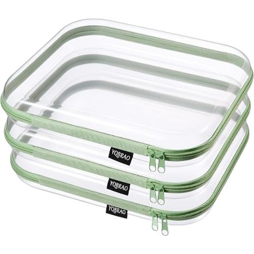 YQBRAO 3-Pack Large Clear Hard Shell Zipper Case, 1.2mm Ultra-Thick Rigid Toy & Closet Organizer, Heavy-Duty Diaper Bag Pouch Set with YKK Zippers, Waterproof Travel Storage (Green)
