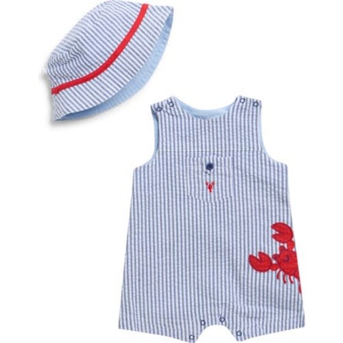 Lobster Detail Cotton Seersucker Shortalls & Hat Set