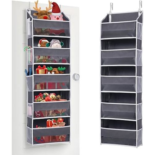ULG 1 Pack Over Door Organizer with 5 Large Pockets 10 Mesh Side Pockets, 44 lbs Weight Capacity Hanging Storage Organizer with Clear Window Kids Toys, Shoes, Diapers, Dark Grey, 5 Layers