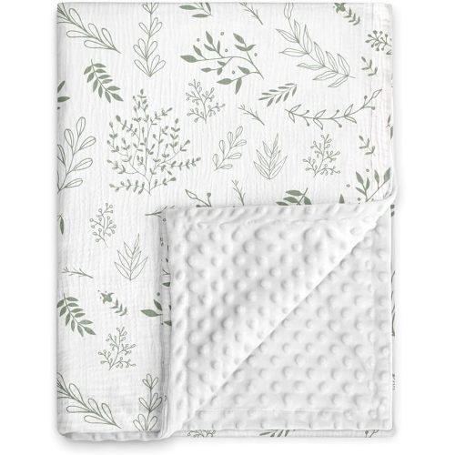 GLLQUEN BABY Blankets for Unisex Boys Girls, Muslin Cotton Front Soft and Breathable, and Dotted Fleece Backing, Printed Bed Nursery Minky Blankets for Toddler Newborn, Greenery, 30 x 40 inches