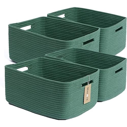 Large Storage Baskets for Organizing, Closet Shelf Baskets for Clothes Blanket Towels, Baby Nursery, Toy Bins Box, Woven Rope Baskets, 17 x 13 x 7.5”, 4 Packs Green