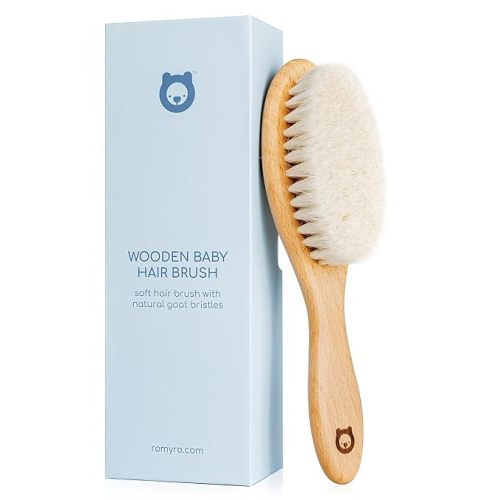Soft Wooden Baby Hair Brush for Newborns & Toddlers in Chic Gift Box - Ultra Soft Natural Goat Hair - Perfect Registry Gift (Goat hair brush - Oval)