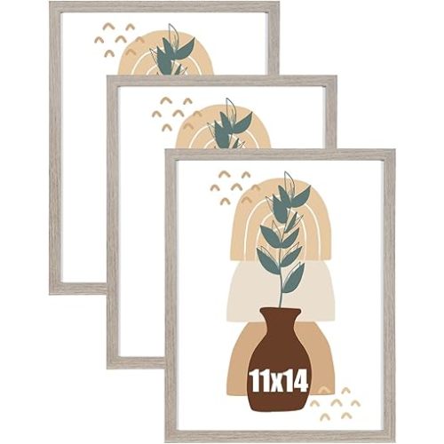 kennethan 11x14 Picture Frame Gray Set of 3, Wooden Poster Frame for Wall Mounting Display for Home, Office,Gallery,Holiday with Photos, Posters, Puzzles