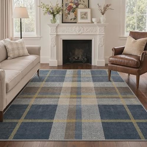 GENIMO 5x7 Washable Plaid Area Rug, for Living Room Bedroom, Cobalt Linen