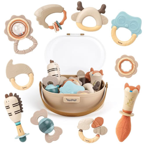 Baby Rattles & Teethers Set – Baby Toys 0-6 Months, Teething Toys 3-6 Months, Sensory Toys with Soft Textures, Gentle Sounds & Easy-Grip Shape, Neutral Newborn Gift（10-Pack）