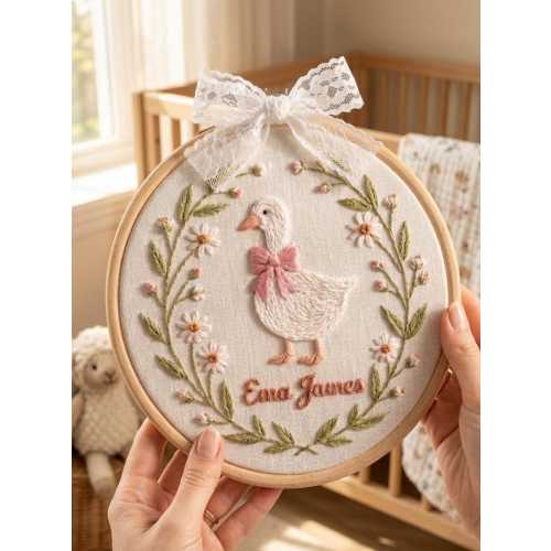 Personalized Goose Hand Embroidery Name Hoop, Custom Baby Name Nursery Wall Decor, Hand Stitched Floral Duck Sign, New Baby Gift