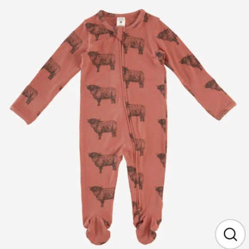 long sleeve two way zipper footie | aragon highland cow | bamboo
