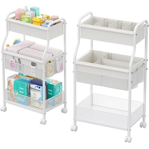 Diaper Caddy Organizer 3-Tier Rolling Cart, Metal Utility Cart with 4+2 Dividers & Lockable Silent Casters, Mobile Storage Cart for Nursery Essentials, Multi-Purpose for Kidsroom Changing Table