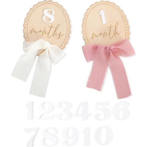 Scallop Edge Monthly Milestone Disc Set - Wooden Newborn Photography Props, Baby Announcement Sign Plaque With Chiffon Ribbon, Month Wood Sign With Acrylic Numbers, Baby Shower Party Gifts