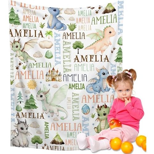 Custom Dragon Blanket with Name for Girls Boys,Personalized Baby Dragon Blanket,Swaddle Blankets for Toddlers Infants Newborns Nursery,Baby Size-30"x40"