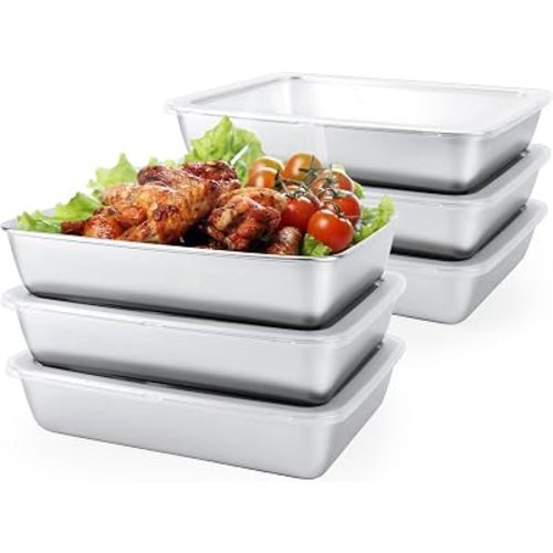 6 PCS Stainless Steel Food Storage Containers with Clear lids,2.16 Inch Deep, 8x10 Inch Stainless Steel Oven plate, Metal Roasting Pan,Freezer & Dishwasher Safe,For Meal Prep、Fruit、Meat Storage