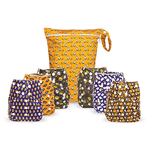 Simple Being Reusable Cloth Diapers, Double Gusset, One Size Adjustable, Washable Soft Absorbent, Waterproof Cover, Eco-Friendly Unisex Baby Girl Boy, six 4-Layers Microfiber Inserts (Halloween)
