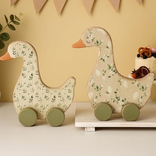 Yousoontic 2 Pcs Silly Goose Baby Shower Table Centerpieces Wooden Silly Goose Birthday Decorations with Floral Prints for 1st Birthday Party, Baby Shower Photo Prop 9" x 9.8"(Green Foliage)