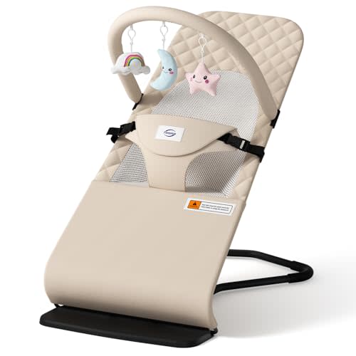 Baby Bouncer, Bouncer Seat for Babies 0-12 Months, Ergonomic Rocking Chair with Detachable Hanging Bar, 3-Height Adjustments, Foldable & Portable Infant Rocker, Machine Washable Fabric, Beige
