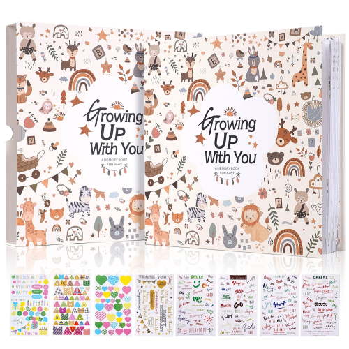 TJT Keepsake Baby Books for Newborn Baby Memory, First 5 Years Baby Memory Record Book Gift, 124 Pages Baby Album, Animal Family, Brown