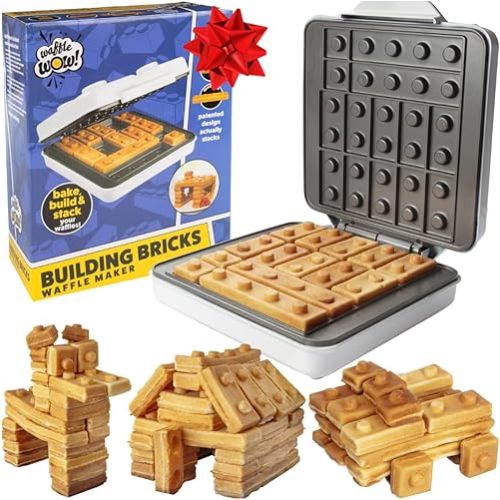 Building Brick Electric Waffle Maker- Cook Fun Buildable Holiday Waffles, Pancakes- Make Gingerbread Man Houses & Cars Out of Stackable Waffles- Bite Sized for Kids, Nonstick Iron w Recipes Xmas Gift