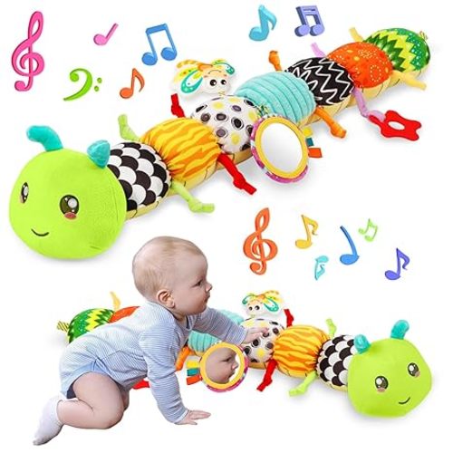 Baby Sensory Toys 0-6 6-12 Months, Musical Plush Animal Stuffed Caterpillar with Crinkle & Rattle, Tummy Time Toys for Infants Newborn 3 6 9 12 18 Months, Car Seat and Shower Gifts for Boys Girls