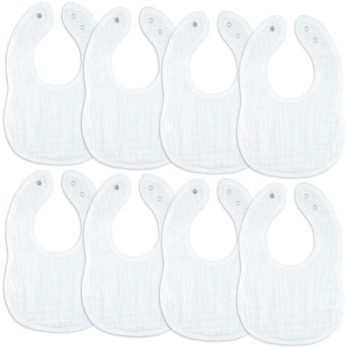 Comfy Cubs Muslin Cotton Baby Bibs, 8 Pack, Adjustable with Easy Snaps, Soft & Absorbent, White