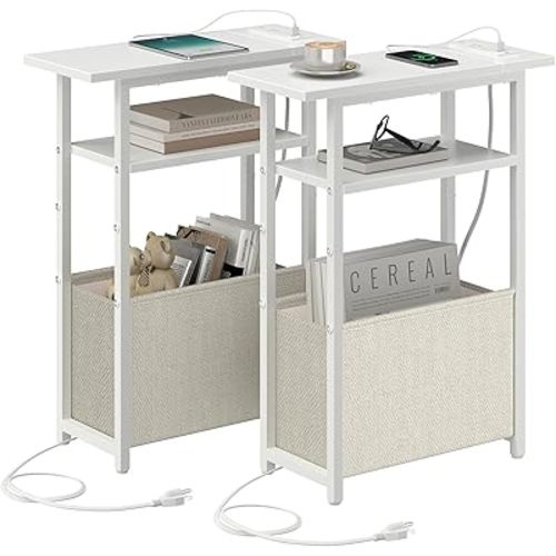 Narrow Side Table with Charging Station Set of 2, Small End Table for Small Spaces, Skinny Nightstands Set 2 with Storage Basket, 3 Tier Sofa Bedside Tables for Living Room,Bedroom, White