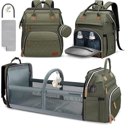 Diaper Bag Backpack, Large Baby Bag with Changing Pad, Thick Padded Back & Straps, Laptop Compartment, Waterproof Travel Backpack with USB Port, Multi-Function for Mom & Dad, Army Green