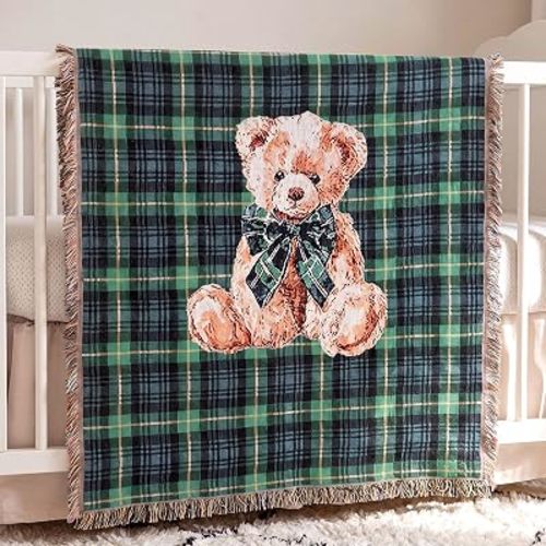 Moukeren 60 x 50 Inch Tartan Plaid Bear Baby Woven Tapestry Throw Blanket Green Blue Scottish Tartan Throw Blanket with for Office Bed Living Room Bedroom Sofa Chair Couch Crib
