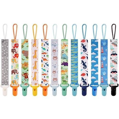 12 Pack Pacifier Clips with Adjustable Strap (32-46.5cm)/Short Strap(25.5cm) - Premium Polyester Baby Pacifier Holder Set, Multi-Design Clips for Boys Girls (Multicolor C 25.5cm)