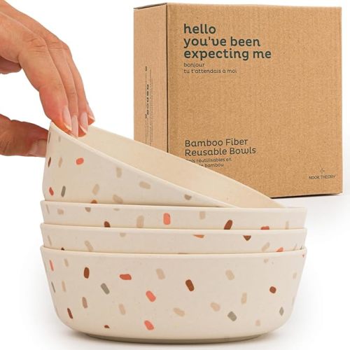 4 Pack Bamboo Bowls - 18 Oz Reusable Toddler and Kids Bowl, Dishwasher Safe - Not Microwavable Bamboo Dishes (Confetti)