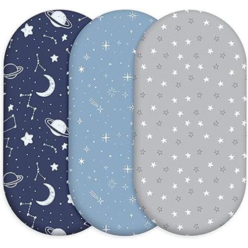 Baby Bassinet Sheets 3 Pack, Fitted Cradle Sheets for Boys & Girls, Ultra Soft Breathable 32" x 16", Universal Fit for Rectangle Round Oval Hourglass Mattress (Blue Gray Planet)
