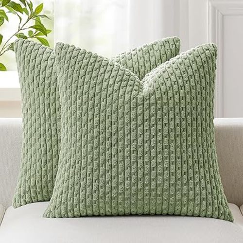 Kevin Textile 2 Packs Spring Decorative Throw Pillow Covers 18x18 Inch for Living Room Couch Bed Spring Sofa Soft Striped Corduroy Square Cushion Case 45x45 cm Farmhouse Boho Home Decor Sage Green
