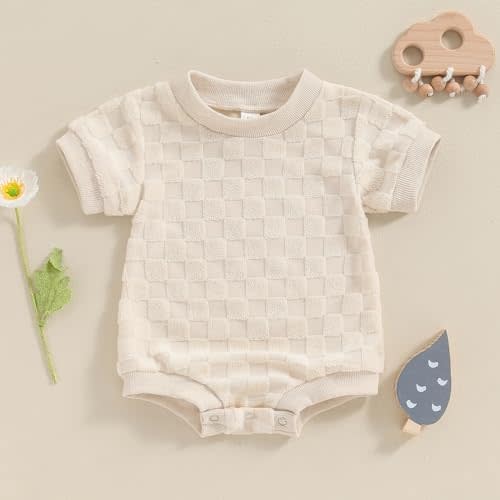 (0-3M) Newborn Baby Boys Girls Bubble Romper Cute Short Sleeve Crew Neck Checkerboard Bodysuit Infant Summer Playsuit
