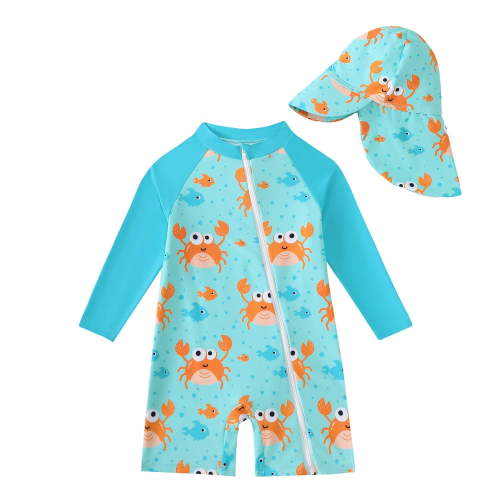 KIMI BEAR Newborn Baby Boys One-piece Swimsuit 0-3 Months Swimwear Full Zipper UPF 50+ Sun Protection Crab Print One Piece Bathing Suit Rash Guard and Hat Beachwear Sunsuit Blue