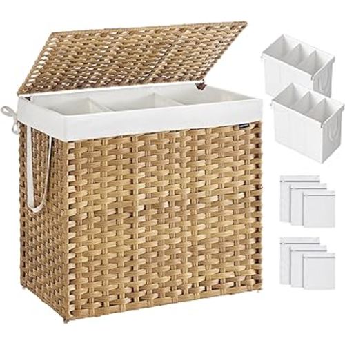 SONGMICS Laundry Hamper with Lid, 160 L Clothes Hamper with 2 Removable Liner Bags, 6 Mesh Bags, Wicker Laundry Basket, Double Laundry Hamper for Bathroom, 26 x 15.7 x 24 Inches, Natural ULCB316Y01