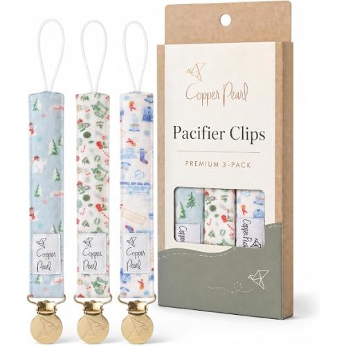 Copper Pearl 3-Pack Pacifier Holders: Premium Knit Binky Clips for Baby Girls and Boys - Stylish Stainless Steel Design for Secure No-Drop Attachment - Christmas Classics