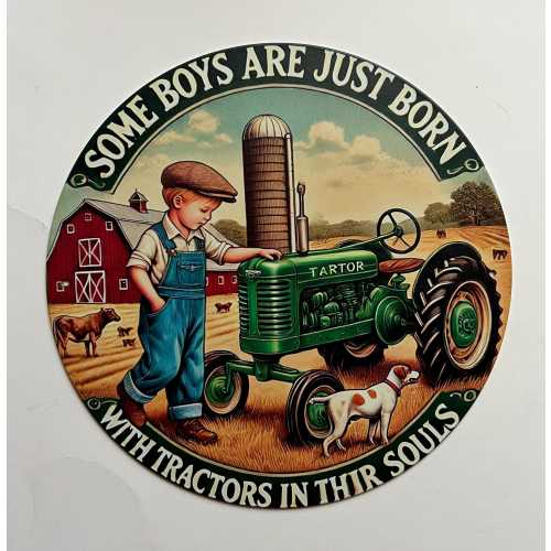 Boy with Tractor Round Rustic Metal Sign Man Cave John Deere 8" Tin Sign Gifts for Boys Wall Decor for Boys Room Vintage Style Farm Sign