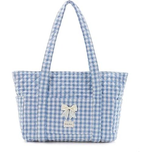 Molly Moon Tote Bag for Women, Quilted Gingham Tote Bag with Zipper, Quilted Cotton Shoulder Bag for Women, Lightweight Blue Gingham bag for College, Travel, Daily, Women's Gifts for Sister Teachers