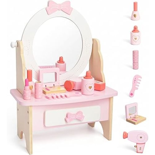 Wooden Vanity Set for Kids, Pretend Play Toddler Makeup Vanity Table Toys with 360° Rotatable Mirror, Beauty Salon Set Includes Makeup Accessories, Little Girls Gift Age 3+ (White)