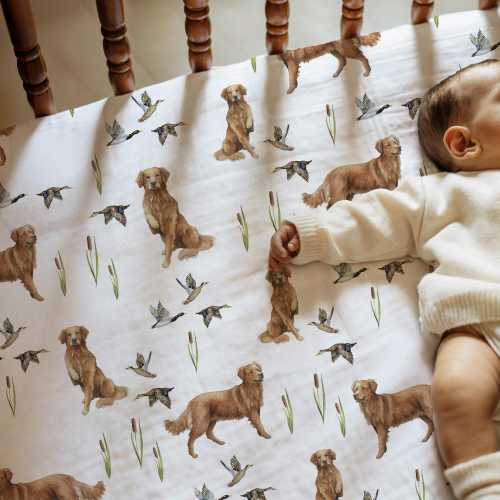 Golden Retriever Crib Sheet Name Personalized Hunting Dog Theme Nursery Decor Watercolor Dog Crib Bedding Baby Boy Mallard Duck Nursery