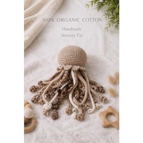 Neutral Jellyfish Baby Toy, Sensory Montessori Rattle, Organic Cotton Teether, Baby Shower Gift, Handmade Crochet Toy, Newborn Gift