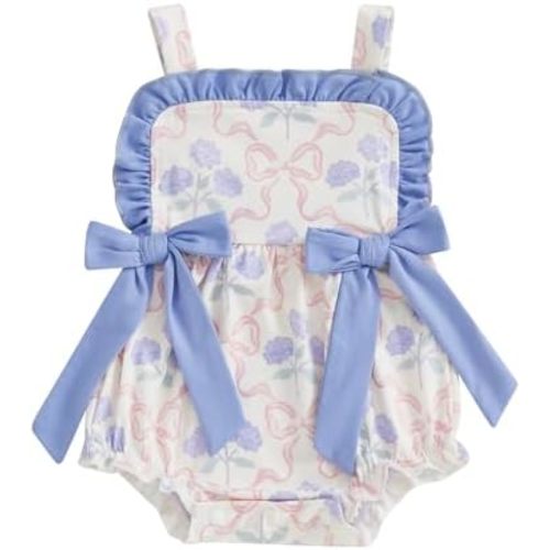 BULINGNA Newborn Baby Girl Summer Outfit Sleeveless Bow Ruffle Decor Floral Bubble Romper Infant Jumpsuit