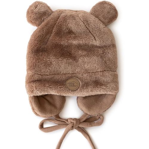 Petit Coulou Bonnet ours en peluche pour bébé – Bonnet Minky doux avec cache-oreilles et cordon de serrage – Bonnet bébé unisexe – Lavable en machine