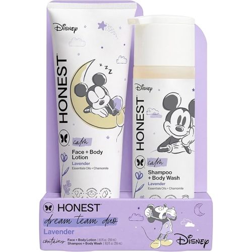 The Honest Company 2-in-1 Cleansing Shampoo and Body Wash and Face and Body Lotion Bundle and Disney Design Gentle Enough for Baby Dermatologist Tested Calm Lavender 18.5 fl oz