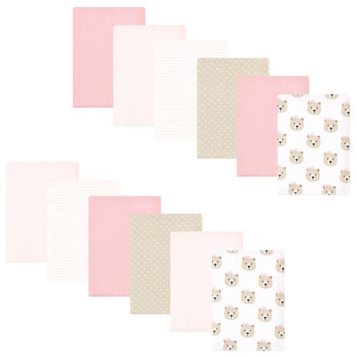 Hudson Baby Infant Girl Flannel Burp Cloth 12pk, Pink Taupe Bear, One Size